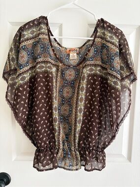 Mudd Brown Paisley Boho Sheer Flutter Top